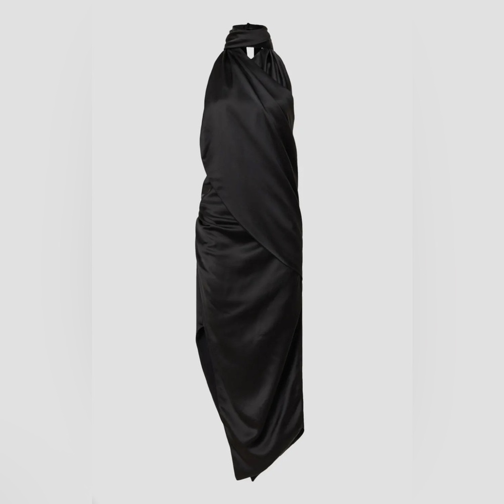 Arias New York Asymmetrical black satin draped dress
